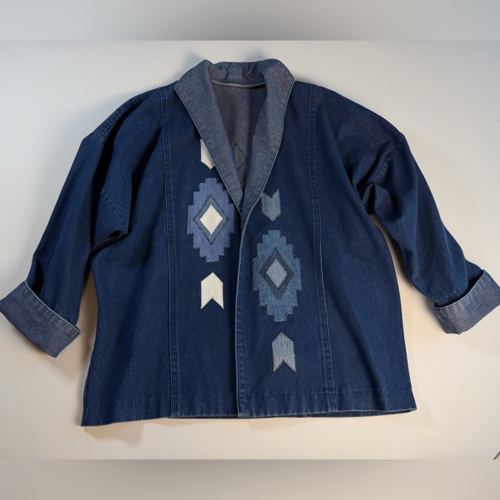 Upcycled Southwestern Open Front Denim Jacket Size Medium Large EUC